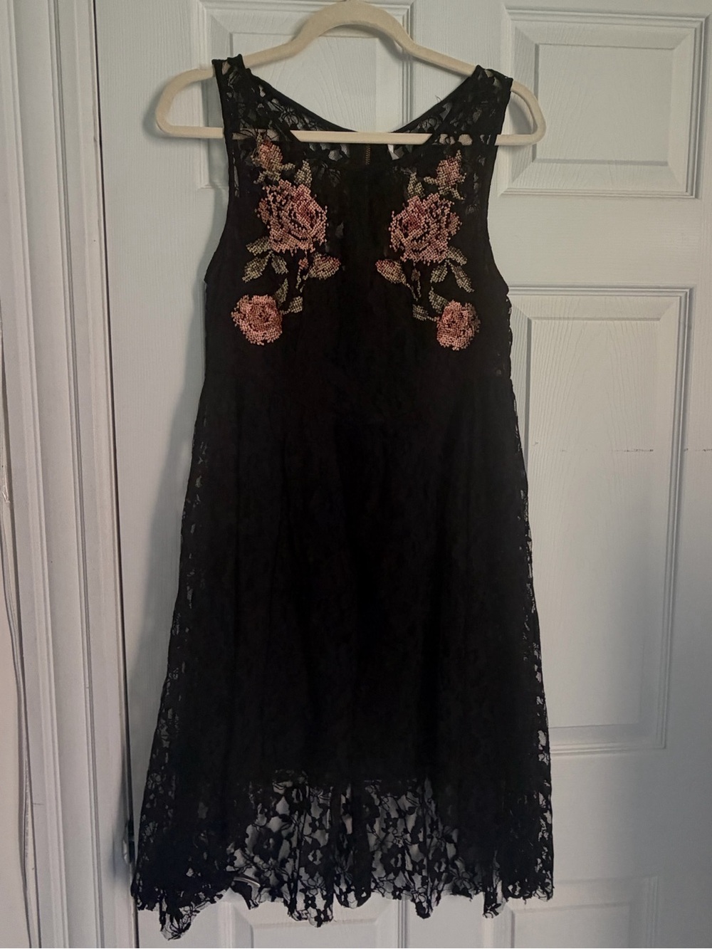 Free People Black Lace Dress with Pink Rose Embroidery